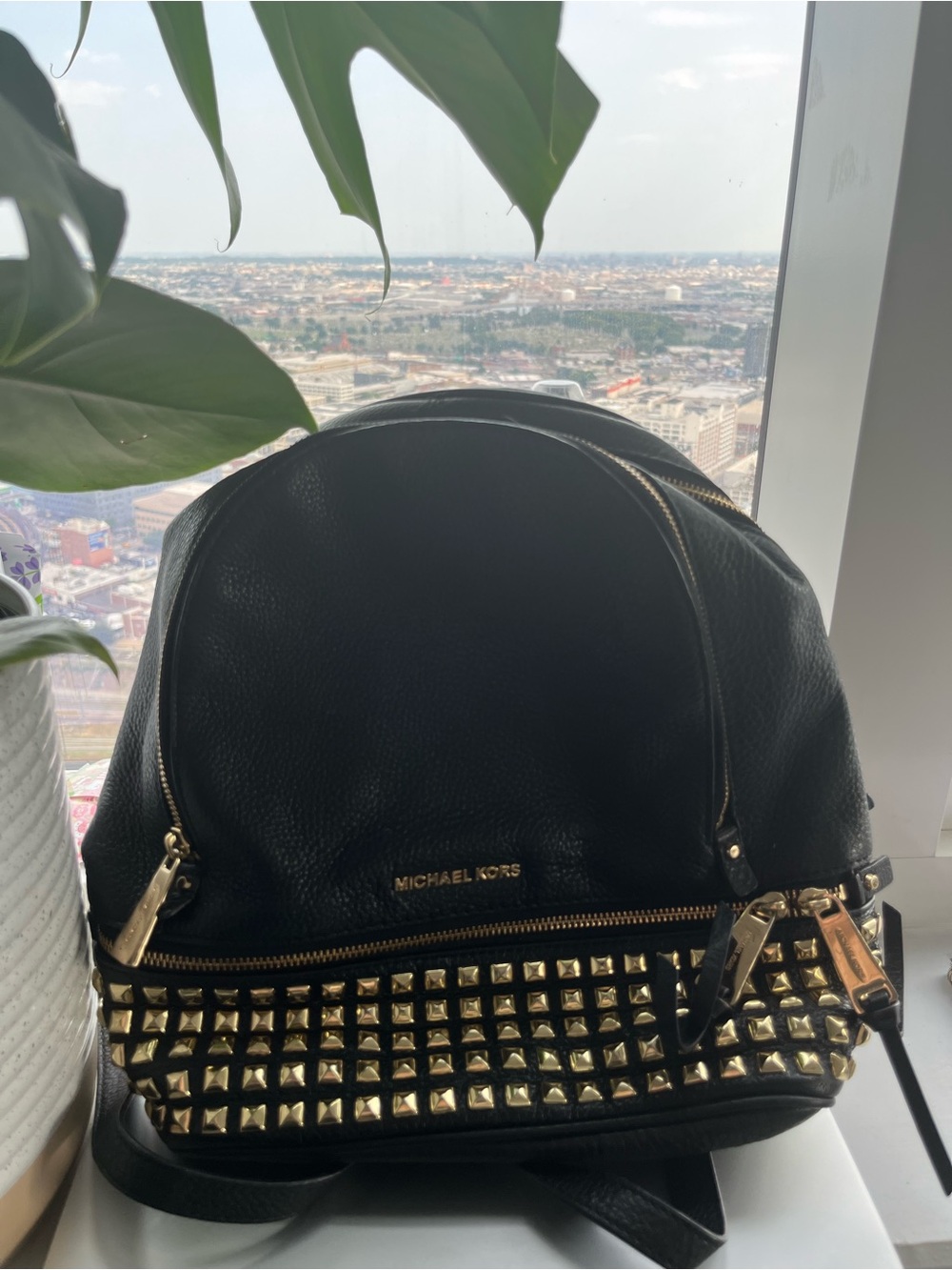 Michael Kors Black Leather Backpack with Gold Stud Accents